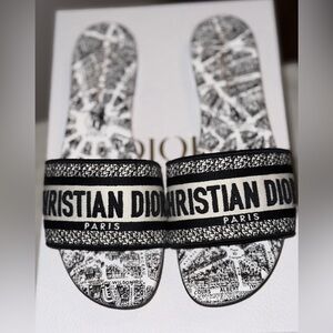 Dior Embroidered Newspaper Motif Black and White Dway Slide